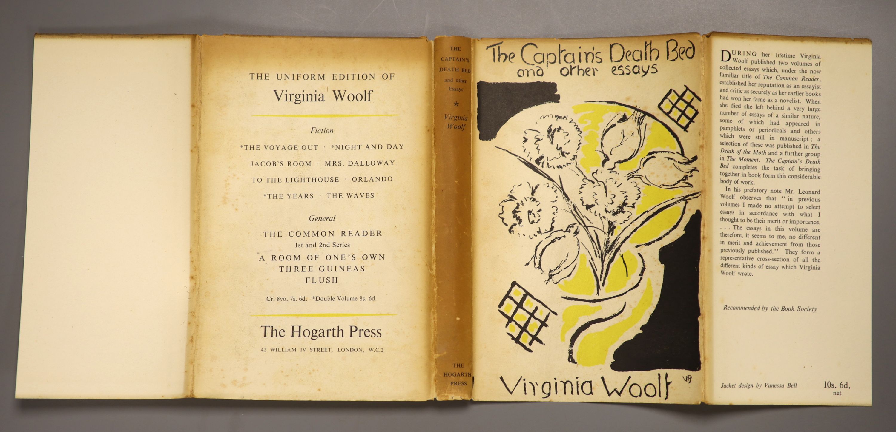 Woolf, Virginia - 3 works - The Captain's Death Bed and other Essays, 1st edition, original cloth in d/j designed by Vanessa Bell, spine darkened Hogarth Press, London, 1950; The Death of a Moth and other Essays, in chip